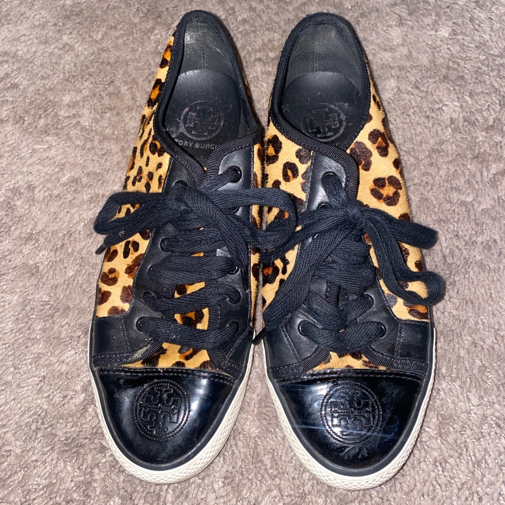 Leopard Print Leather-Trim Lace-Up Sneakers - Black & Brown